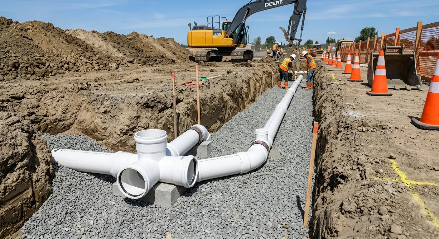 New PVC sewer pipe installation in open trench for Commercial Drain Cleaning in North East