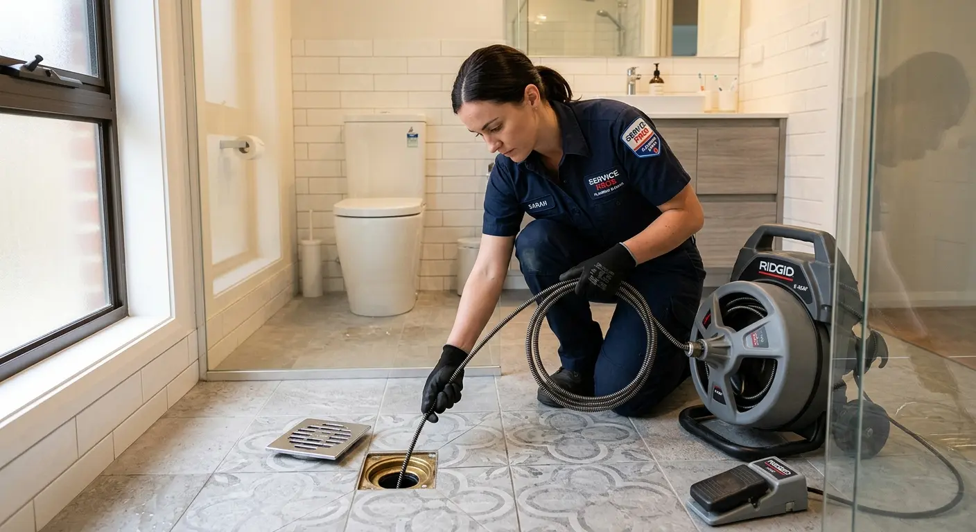 Technician clearing a bathroom floor drain for Clogged Drain Repair in North East